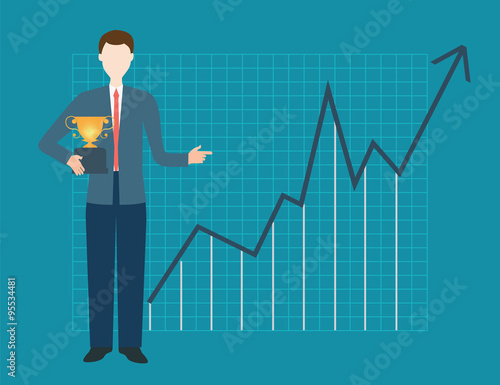 Businessman is holding trophy.