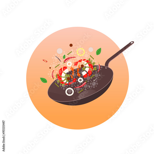 Wok illustration. Asian frying pan