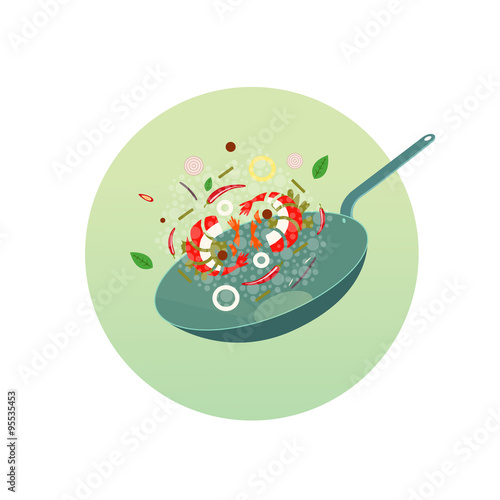 Wok illustration. Asian frying pan
