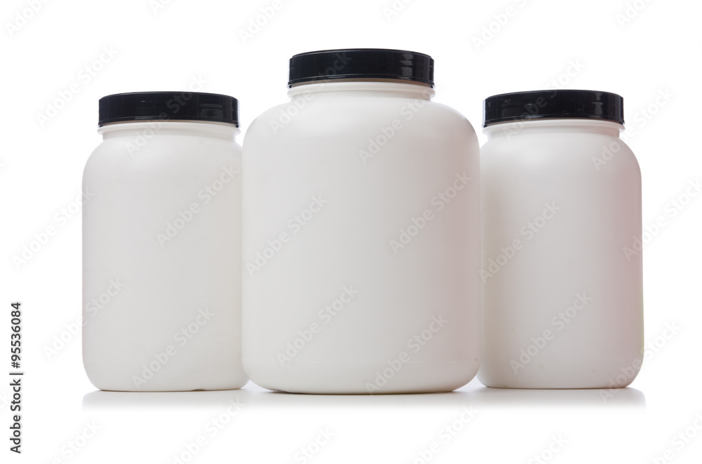 Jars with food additive protein isolated on white Jars with food additive protein isolated on white