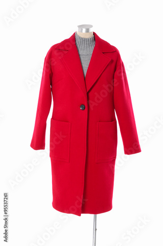  female red coat clothing on mannequin