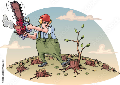The woodcutter with the chainsaw is cutting the last tree in a forest. Vector illustration. Editable vector illustration.