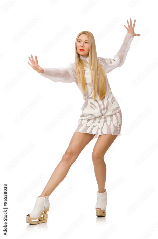 Woman wearing white dress isolated on white Woman wearing white dress isolated on white