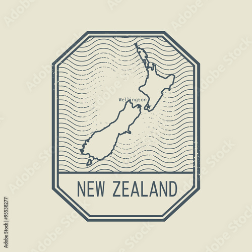 Stamp with the name and map of New Zealand
