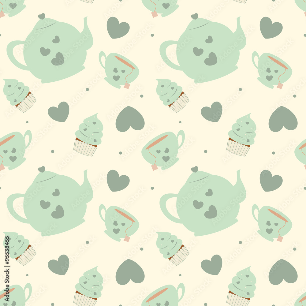 cute pastel cartoon tea set seamless vector pattern background illustration with cupcakes cute pastel cartoon tea set seamless vector pattern background illustration with cupcakes