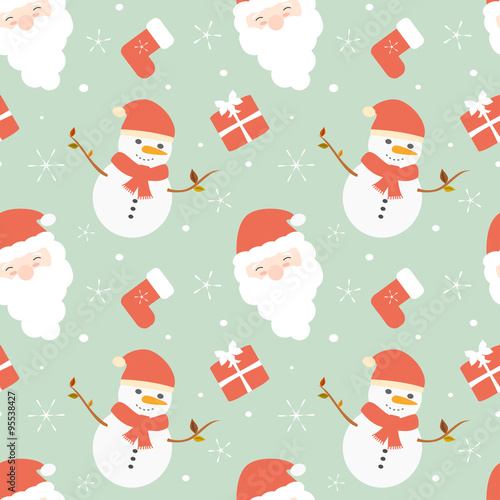 cute cartoon christmas seamless vector pattern background illustration with santa claus and snowman