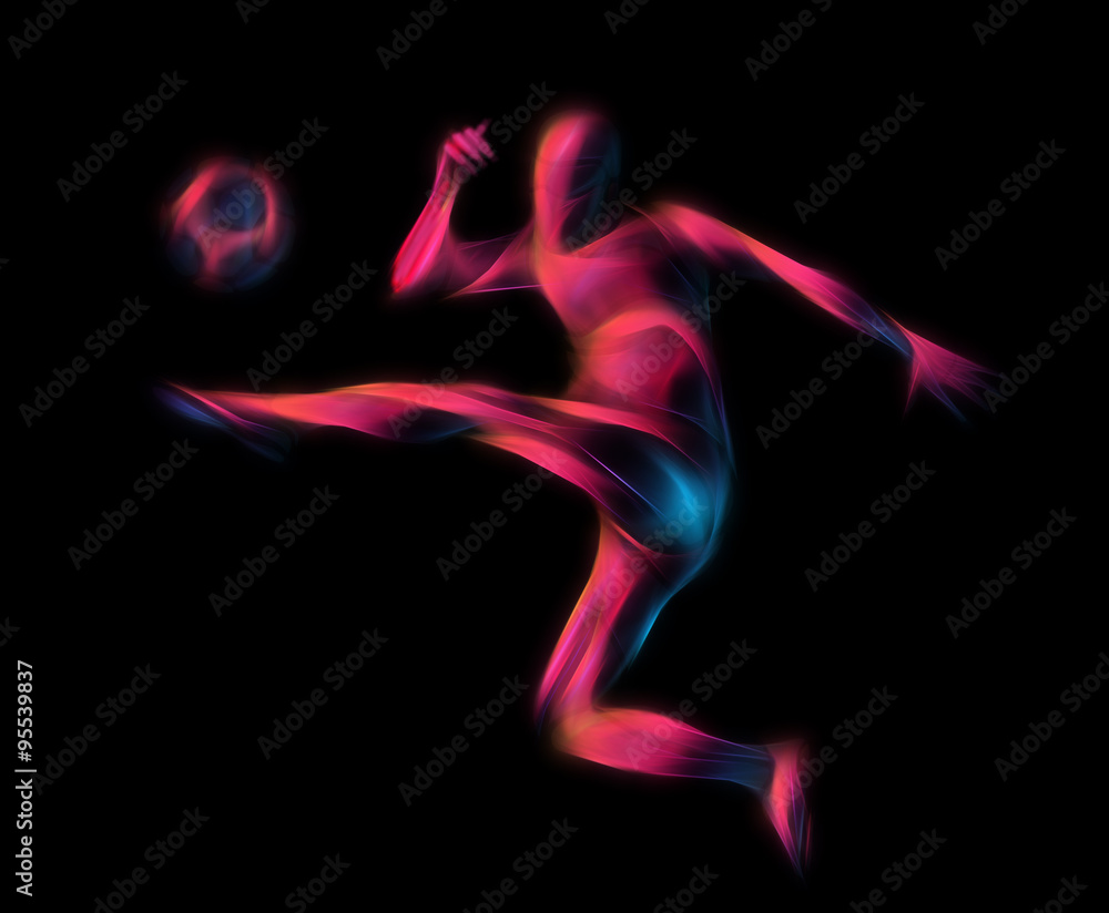 Soccer player kicks the ball. The colorful illustration on black background.