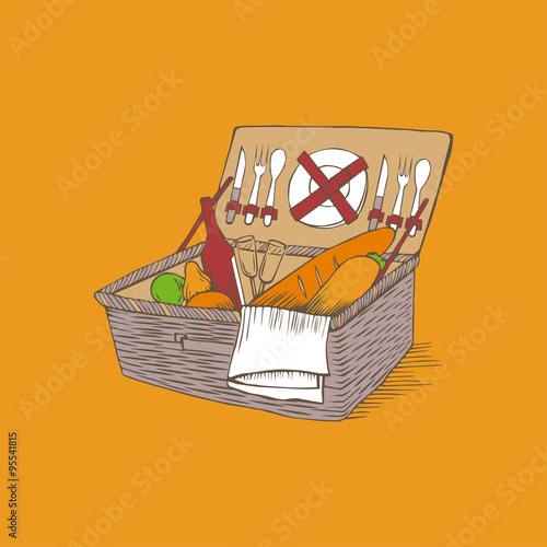 doodle vintage picnic basket with food and drinks