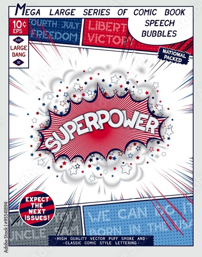 Superpower. Explosion in comic style with lettering and realistic puffs smoke. 3D vector pop art speech bubble