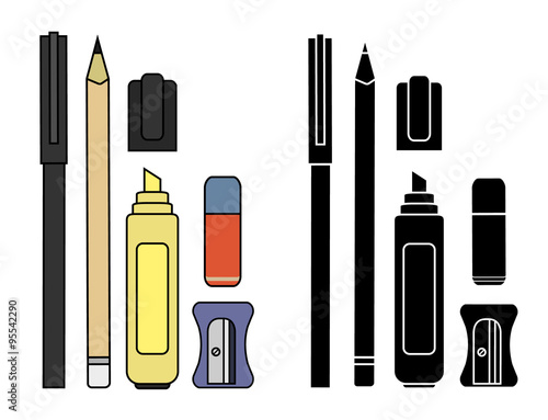 Stationery writing tools set. Color. Silhouette