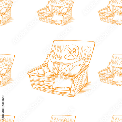 doodle vintage picnic basket with food and drinks