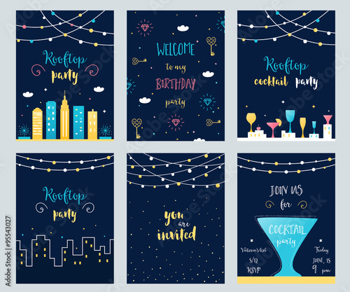 Vector Set of Rooftop, Cocktail and Birthday Party Invitation Cards with Light Garlands