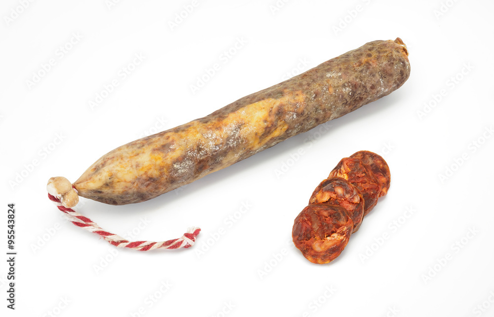 Spanish sausage on white. Lean pork, paprika, salt, garlic and o Spanish sausage on white. Lean pork, paprika, salt, garlic and o