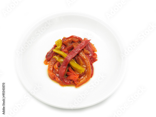 Fototapeta Naklejka Na Ścianę i Meble -  Roasted red, orange and yellow peppers on white background