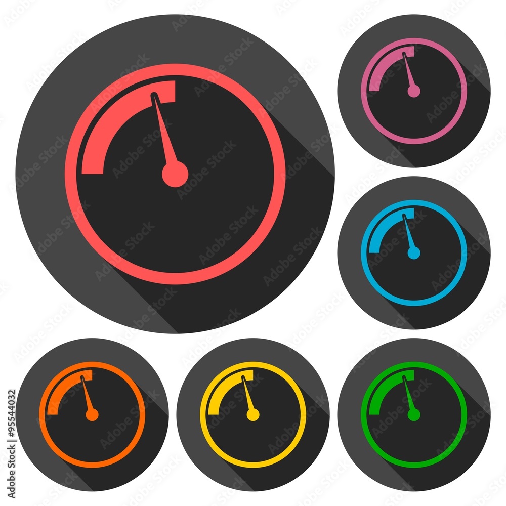 Pressure gauge, manometer icons set with long shadow