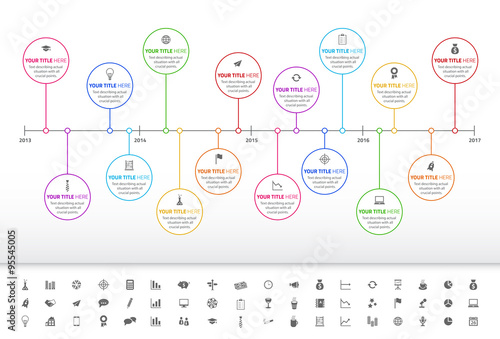 Modern rainbow timeline with circle milestones and set of icons