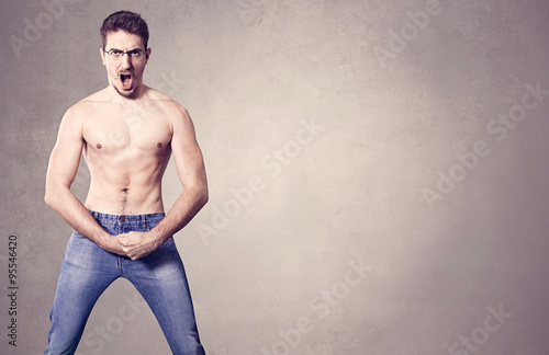 Tableau sur toile nerd with muscles on grey background