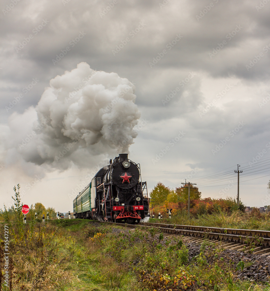 Retro steam train approaches mountains - obrazy, fototapety, plakaty 