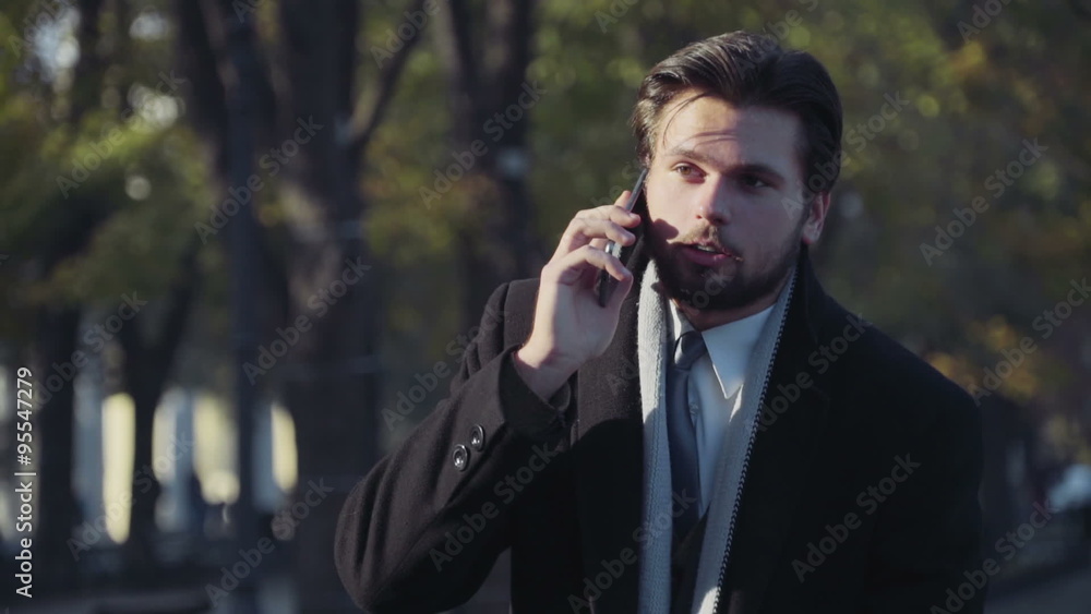 hansome businessman talking on the phone in the park hansome businessman talking on the phone in the park