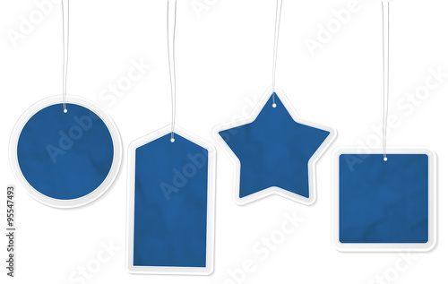 Collection of four blue paper price tags