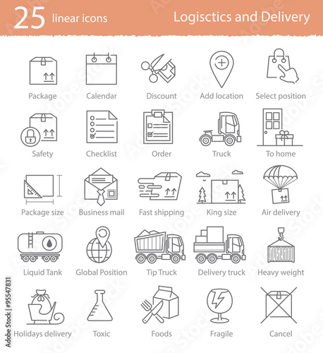 Transportation, logistics and delivery linear style icons set