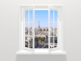Opened window and view on Eiffel tower, Paris