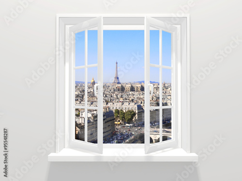 Фототапет Opened window and view on Eiffel tower, Paris