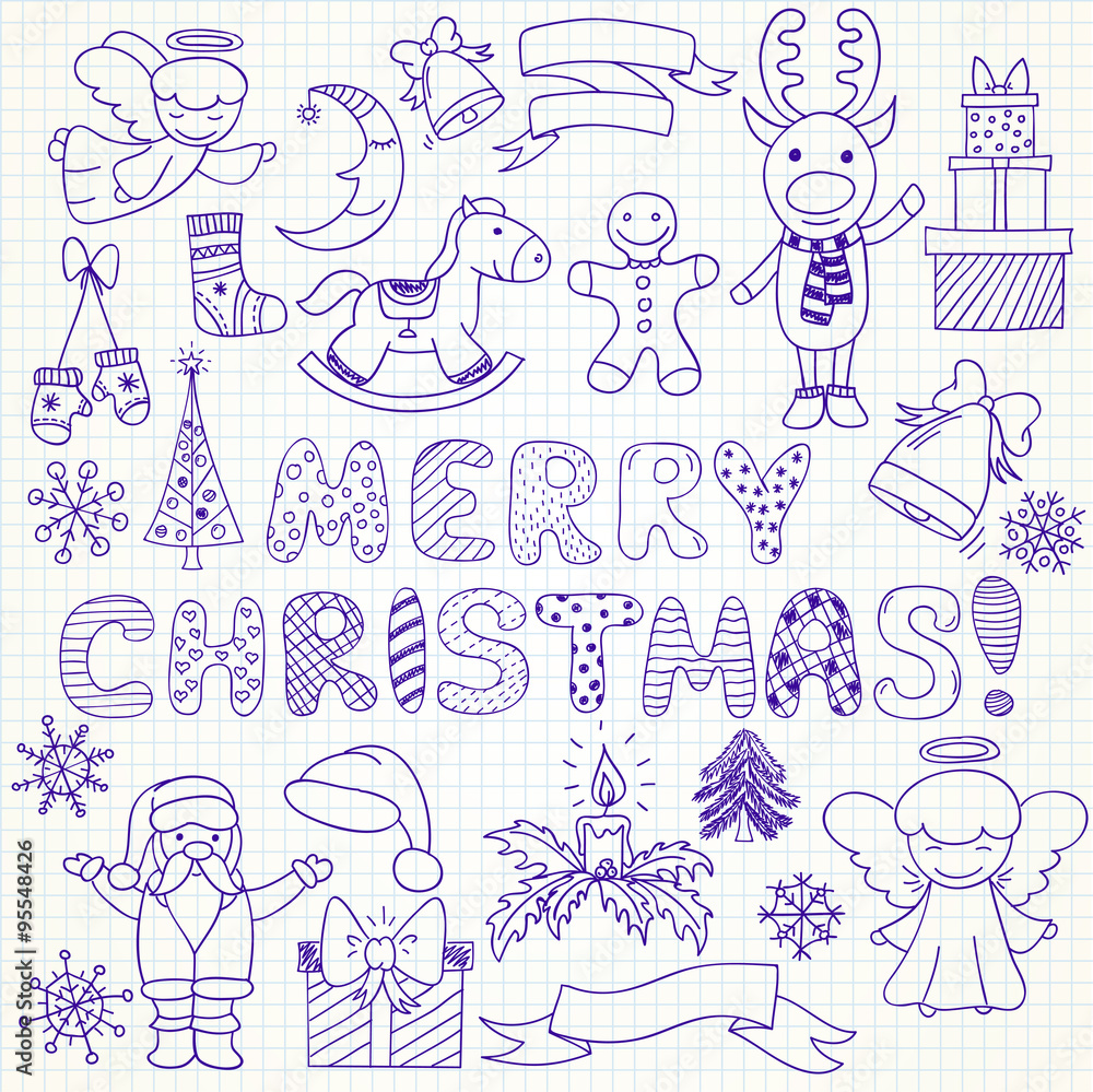 Collection of vector Christmas characters and ornaments in doodl Collection of vector Christmas characters and ornaments in doodl
