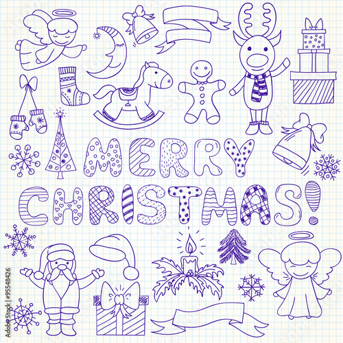 Collection of vector Christmas characters and ornaments in doodl
