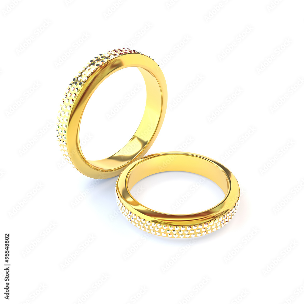 Two gold wedding rings on white background. 3d render. Two gold wedding rings on white background. 3d render.