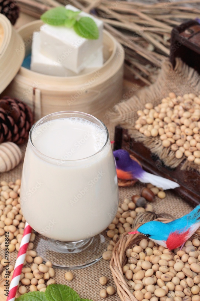 Soy milk and soybeans on wood background. Soy milk and soybeans on wood background.
