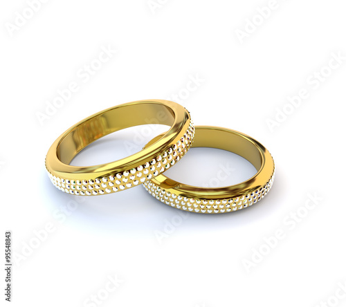 Two gold rings with diamonds on a white background. 3D illustrat