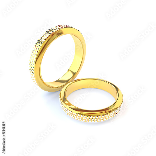 Two gold wedding rings on white background. 3d render.