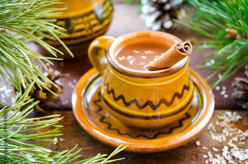 Hot chocolate with cinnamon in a rustic ware