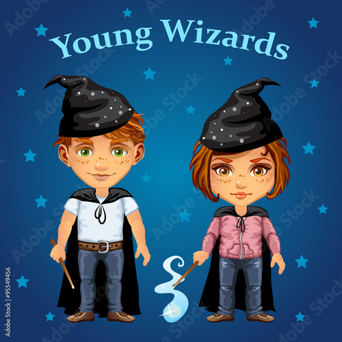 Cartoon boy and girl in wizard costume 