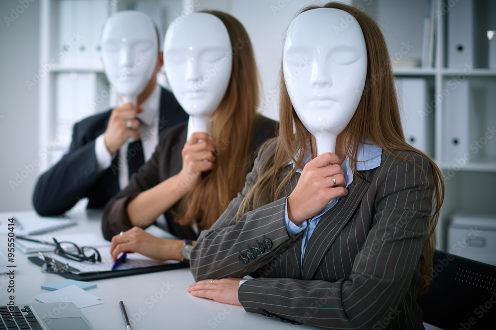 Group of business people  at meeting. Business people hide their emotions under the mask of confidence during the negotiations , business concept - obrazy, fototapety, plakaty 