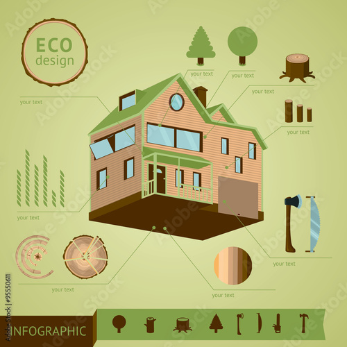 Eco house. Wooden cottage with construction elements. Info graphic template.