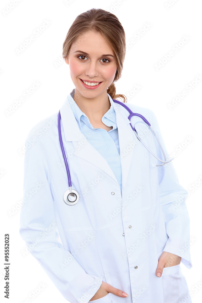 Friendly smiling young female doctor, isolated over white background Friendly smiling young female doctor, isolated over white background