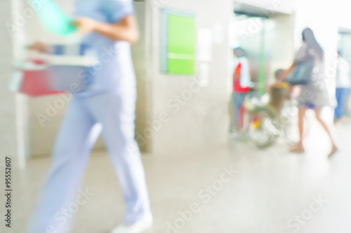 Blurred image of unidentified people and patient waiting doctor or medicine in hospital. © thawornnurak