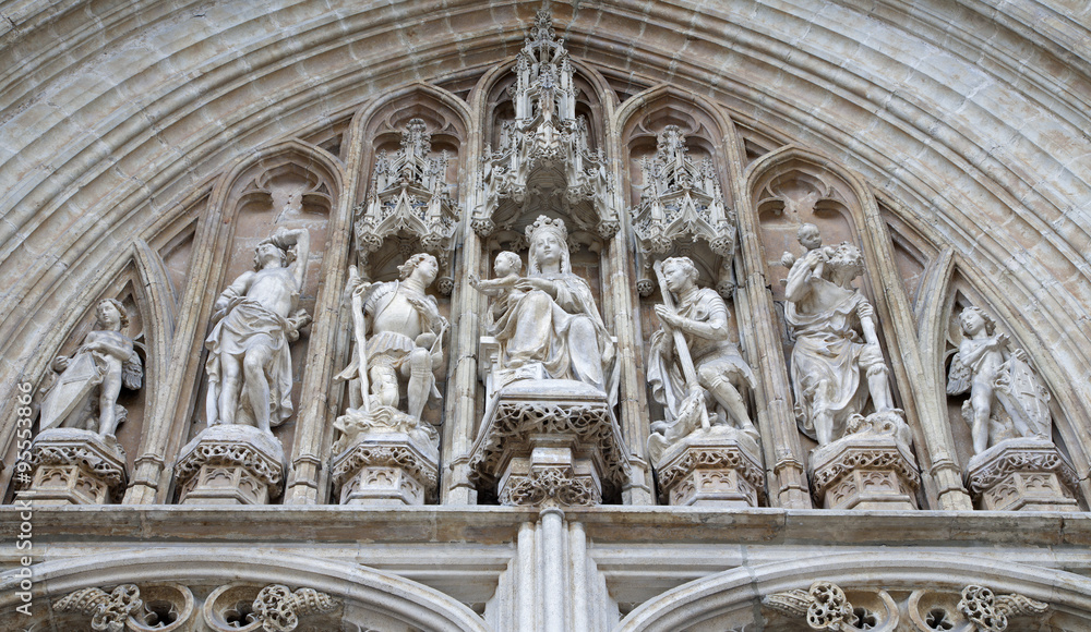 BRUSSELS - JUNE 21: Detail from main portal of Notre Dame du Sablon gothic church on June 21, 2012 in Brussels.