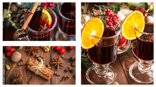 Christmas collage with photos of spruce  champagne  mulled wine  orange  bokeh and decorations