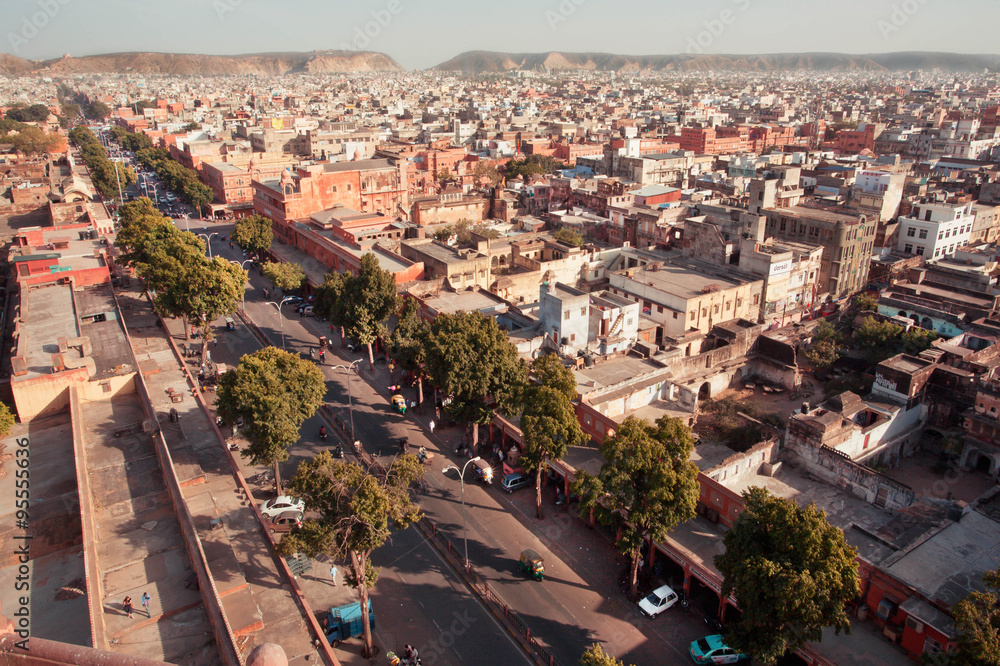 Aerial view on the street of historical Pink City with old buildings in India