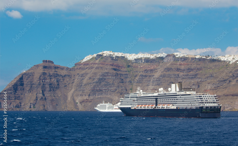 Santorini - cliffs of calera with the cruises withe the Imerovigli and Skaros