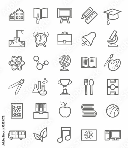 Education, icons, linear, grey outline, white background. 