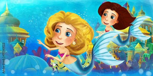 Cartoon scene with two mermaids - castle in the background - illustration for children