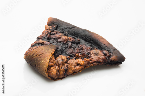 burnt slice of pizza on white background