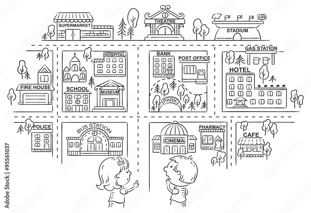 Children asking and telling the way to different city buildings, black and white outline