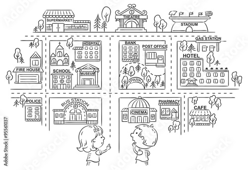 Children asking and telling the way to different city buildings, black and white outline