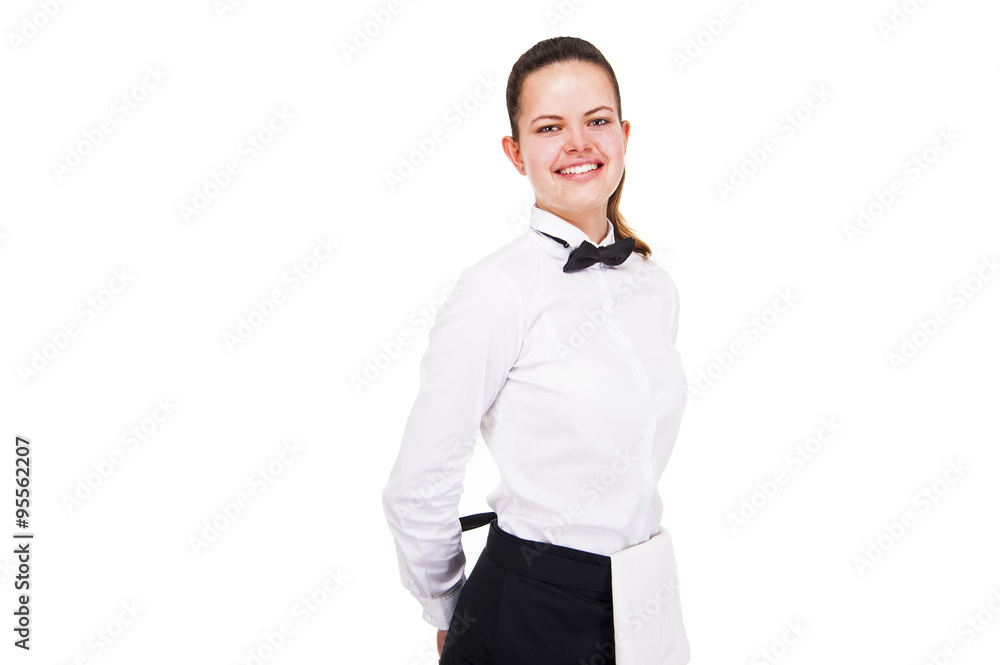 Young woman in waiter uniform isolated over white background. Young woman in waiter uniform isolated over white background.