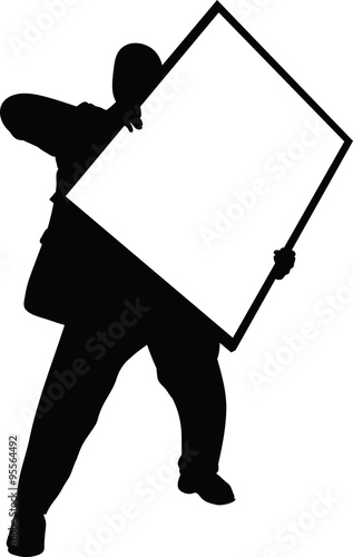 Silhouette illustration of a man holding a large, picture frame with blank space.